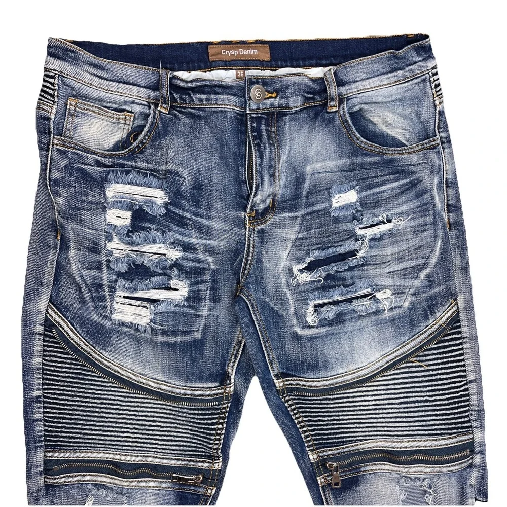 Crysp Denim Mens Mid-Rise Distressed Moto Biker Skinny Stretch‎ Jeans 36x32